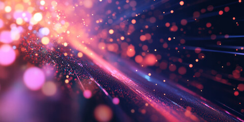 Obraz premium A surreal abstract background with luminous floating particles suspended in a vast digital void. The radiant specks of light pulse and shift in mesmerizing patterns, forming a cosmic-inspired