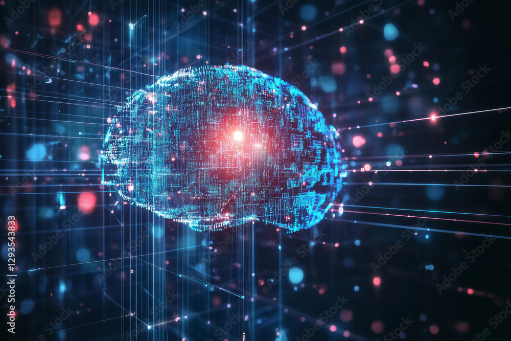 Aufkleber abstract visualization of machine learning, floating code fragments forming a glowing digital brain,