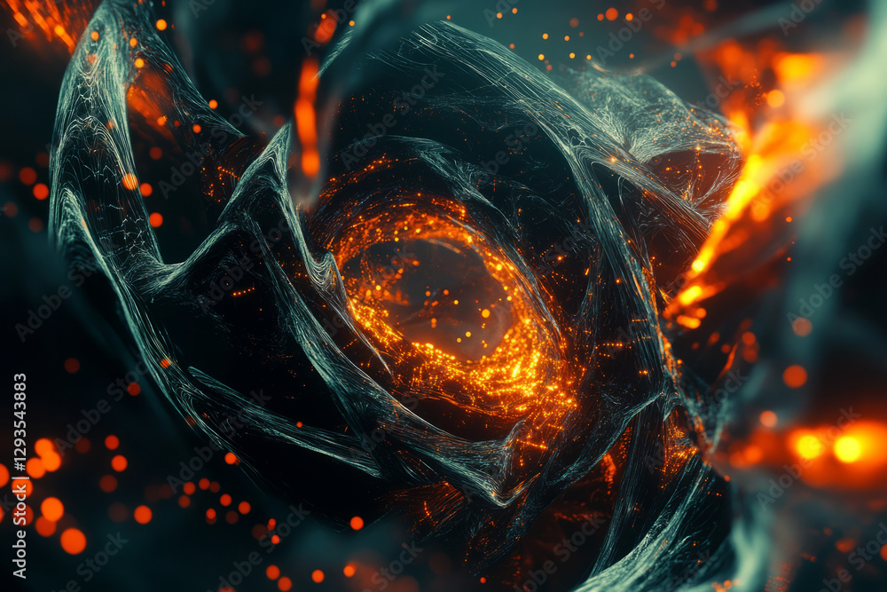 Poster A swirling mass of cybernetic energy, forming an abstract representation of deep machine learning and artificial intelligence. The futuristic high-tech background features glowing data nodes,