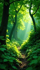 Fototapeta premium Dense emerald foliage, sunlight dappling through, jungle, nature photography