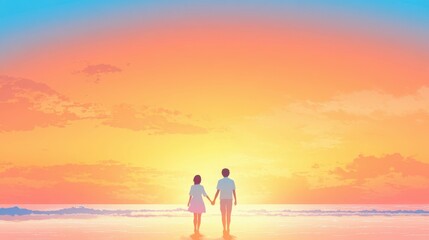 Fototapeta premium A couple walking hand-in-hand on a beach at sunset, serene waves and vibrant orange tones,