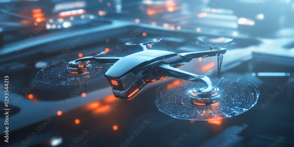 Poster a futuristic representation of ai-powered drone technology, featuring glowing cybernetic aerial navi
