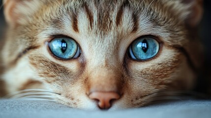 A tabby cat lies comfortably, showcasing its striking blue eyes that reflect calm and curiosity