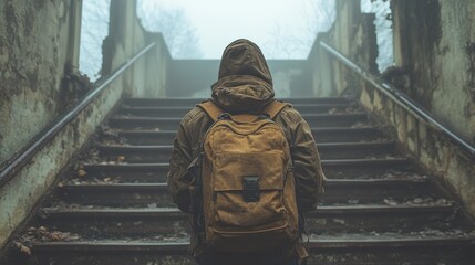 A figure in a hooded jacket stands at the foot of a decaying staircase, surrounded by mist
