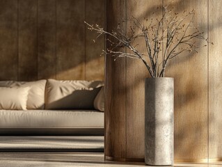 A vase with a plant in it sits on a wooden floor. The vase is tall and made of concrete
