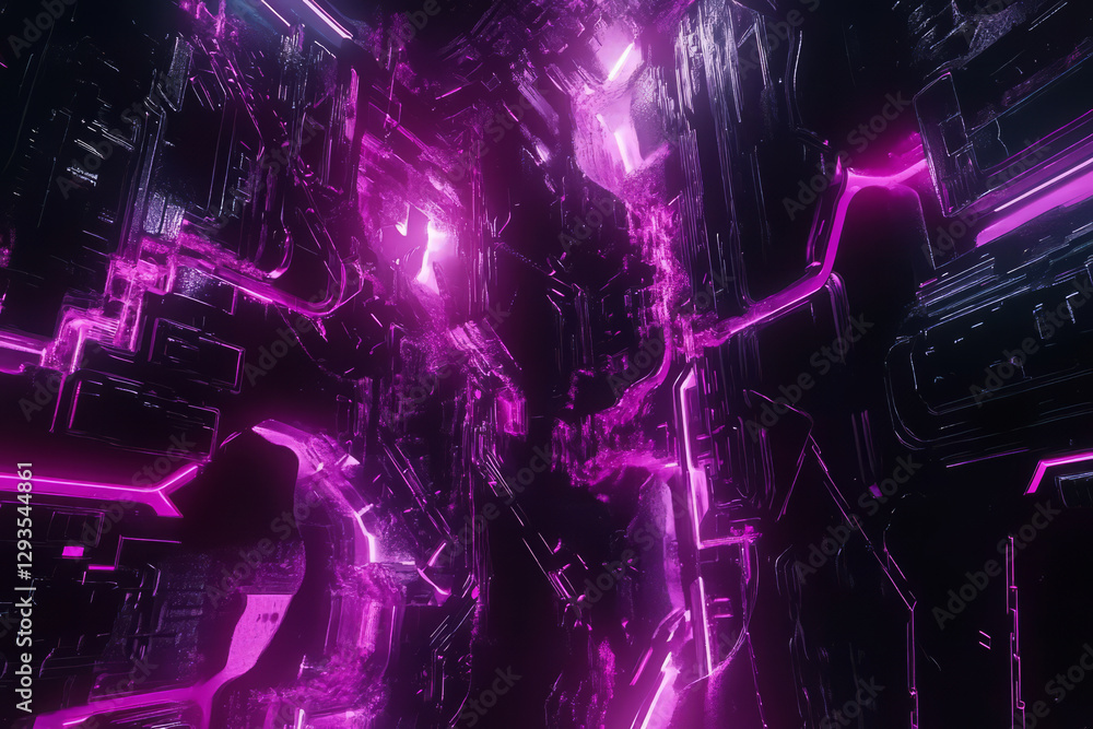 Poster high-tech abstract background with a 3d-rendered floating circuit board, neon pathways, and luminous