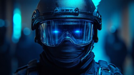 A masked operative stands ready, surrounded by teammates in a dimly lit, high-tech setting