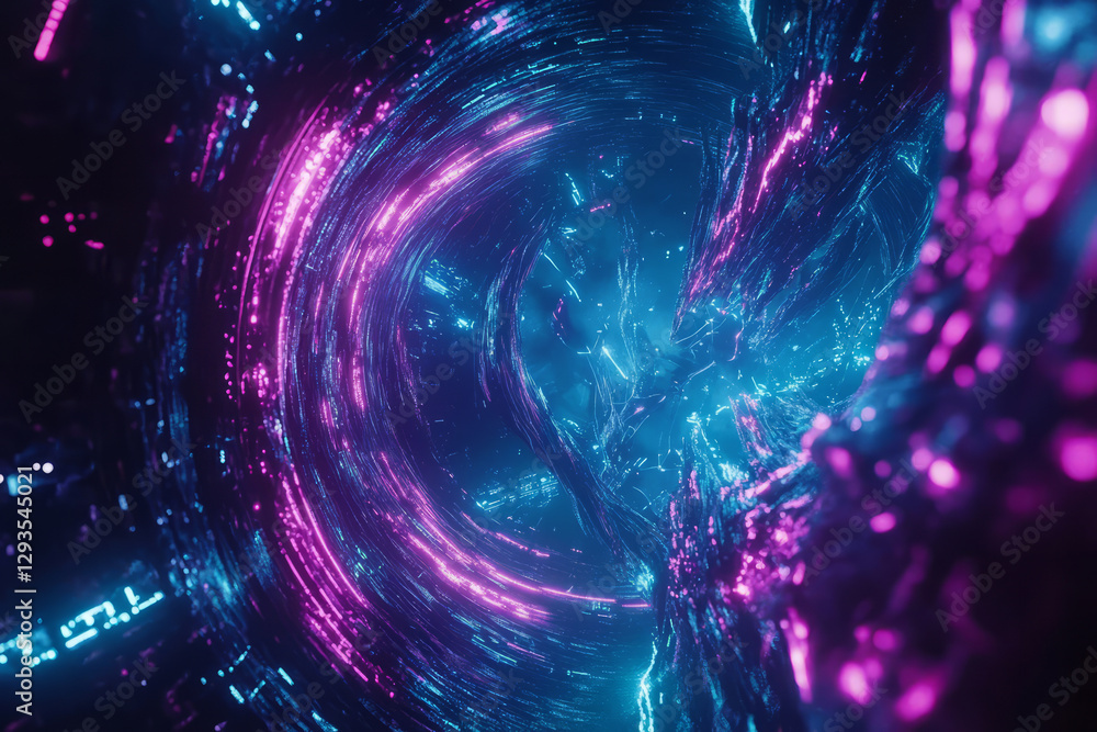 Poster a futuristic abstract technology background featuring a massive data vortex, glowing with neon blue 