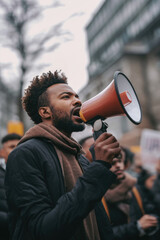 Black person at a demonstration shouting with a megaphone