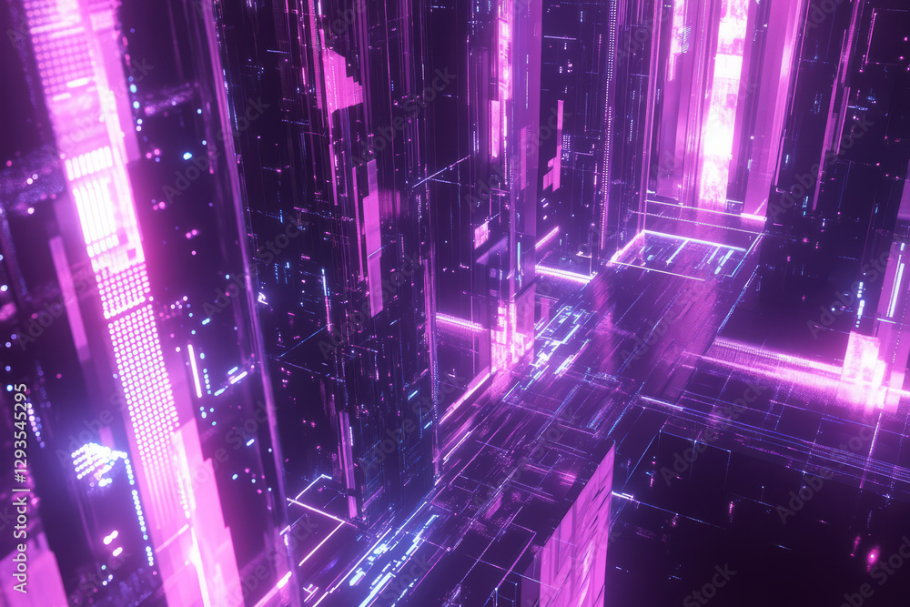 Poster a futuristic smart city network, featuring interconnected glowing cybernetic skyscrapers, ai-powered