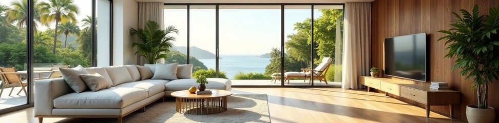 Modern living room with minimalist design and large windows, windows, contemporary