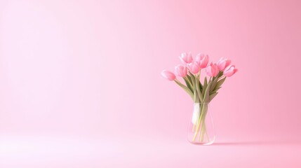 Obraz premium A bouquet of pink tulips in a glass vase placed on a pastel background, fresh and elegant,