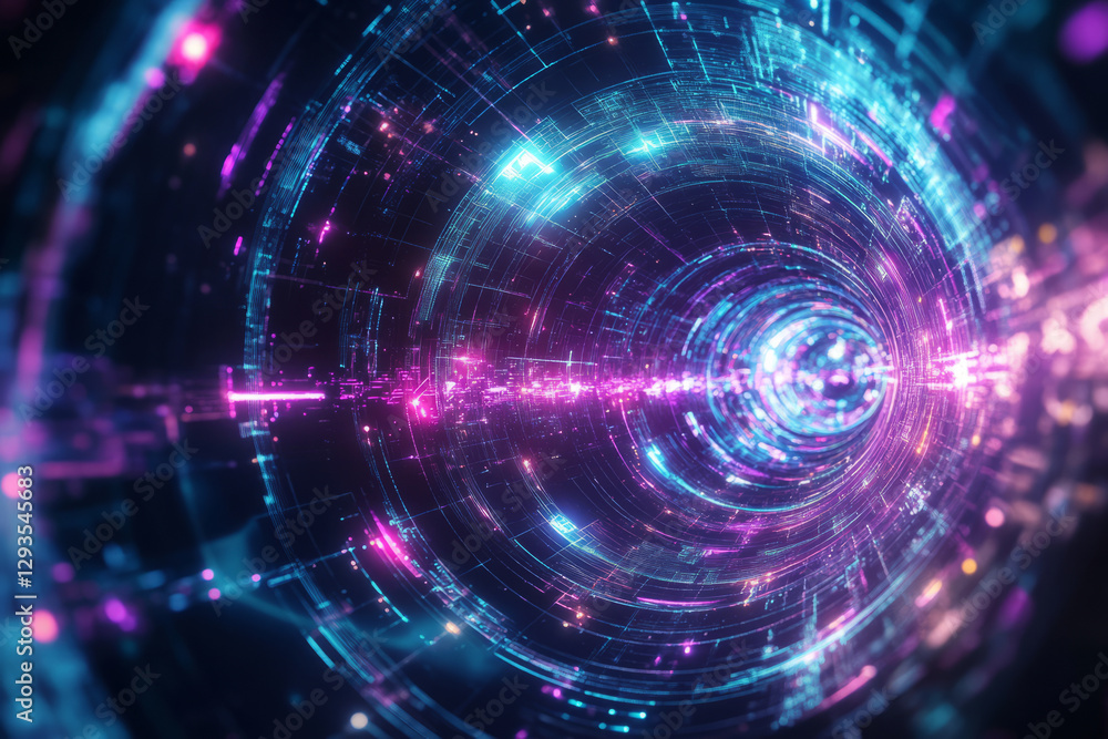 Poster a futuristic quantum ai core, composed of swirling cybernetic energy, glowing holographic neural net