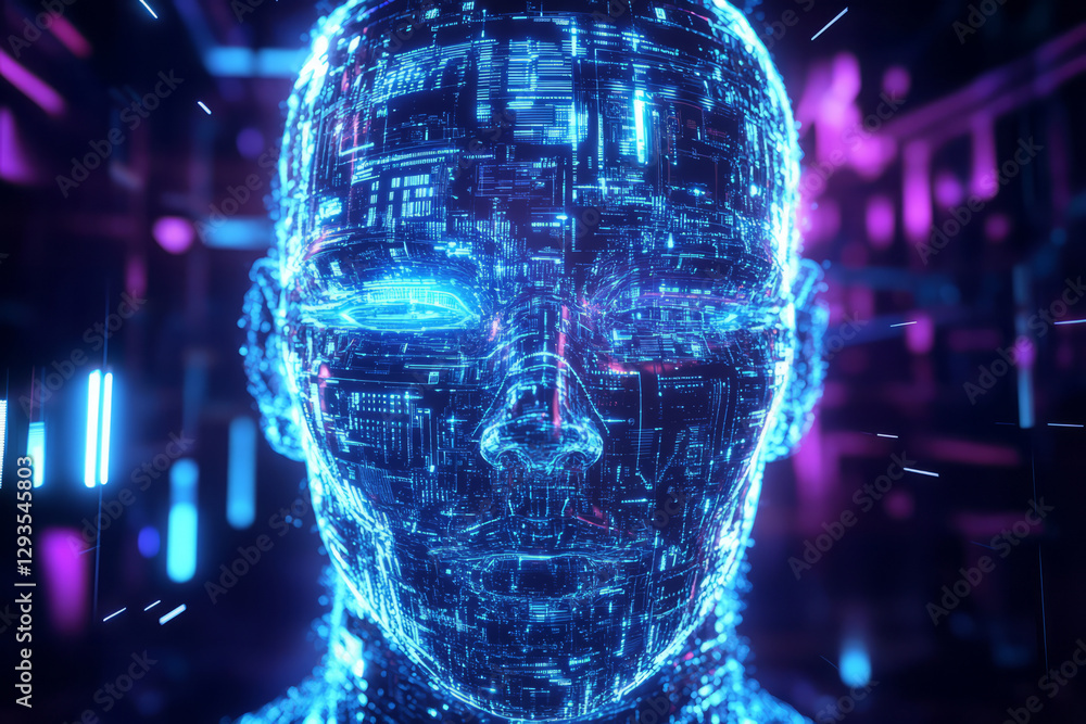 Poster abstract visualization of artificial intelligence, depicting a glowing humanoid face composed of int