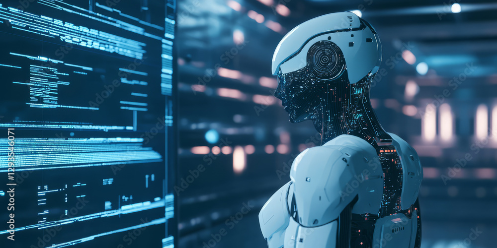 Aufkleber a futuristic ai-driven advanced robotics lab, featuring glowing cybernetic humanoid prototypes, puls