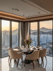 A modern dining room with a city view city panorama