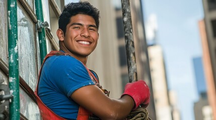Obraz premium Young Mexican man, smiling, cleaning windows outside a tall building, hanging on a scaffold