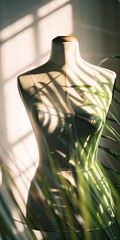 Mannequin with plant shadows in sunlight.
