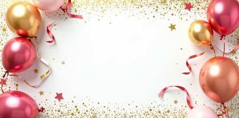 Gold glitter frame with balloons, ribbons, and sparkles on white background, invitation, luxury