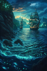 Obraz premium Illustration of a vast, shimmering ocean at twilight, where the water glows with bioluminescent creatures. Massive, ancient ships sail across the waves, their sails billowing in the soft breeze, while