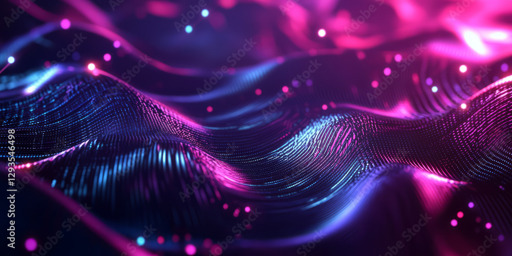 Poster a visually dynamic abstract background with undulating metallic waves, infused with glowing neon par