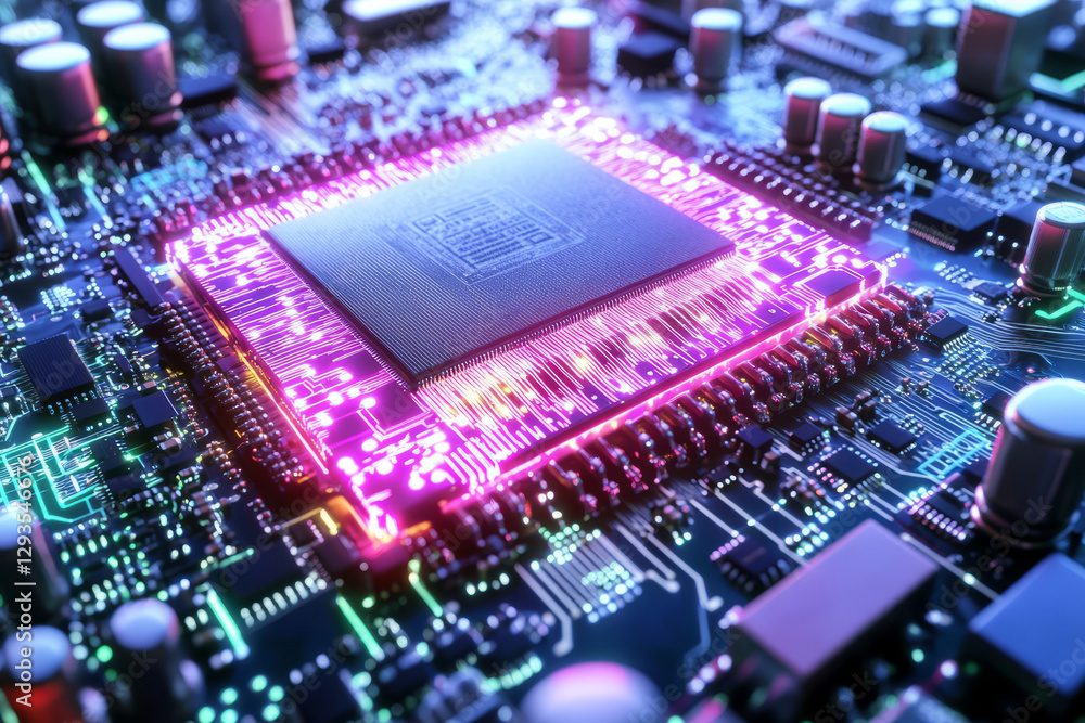 Poster high-tech 3d rendering of a futuristic motherboard, glowing circuits, pulsating light trails, neon r
