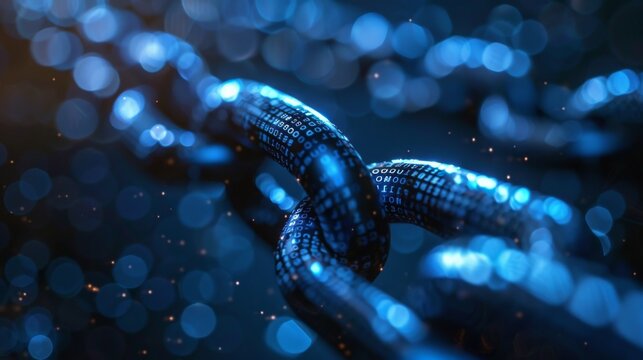 A close view of a metallic chain links infused with binary code illuminated by soft blue light, reflecting innovation and interconnectedness in the digital realm.