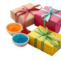 Wrapped gift boxes in vibrant Holi festival colors with festive ribbons, isolated on a white background.
