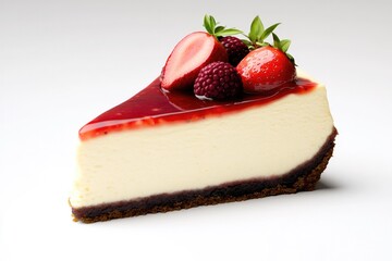 Delicious cheesecake slice topped with fresh strawberries and be