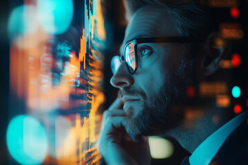 Businessman contemplating stock market trends in high-tech environment during evening