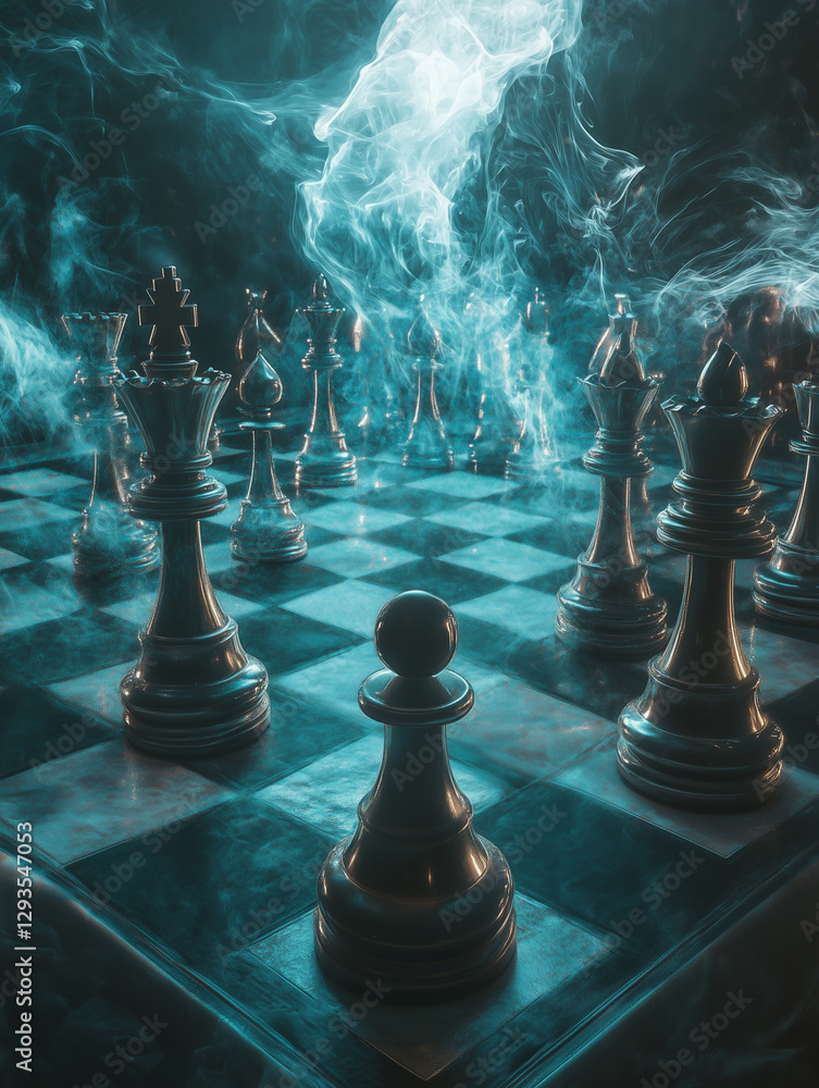 Poster chessboard of eternity extending into the unknown with ethereal mist enveloping the pieces and creat
