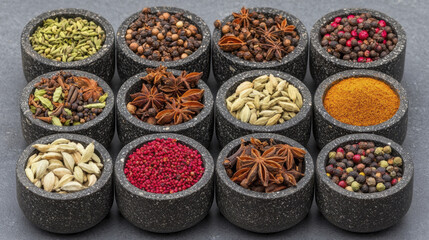Fototapeta premium vibrant display of various spices in stone bowls, showcasing rich colors and textures