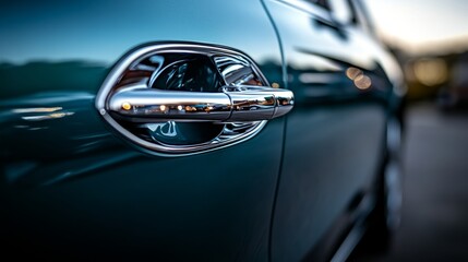 A sleek car door handle glows in the evening, shining against a blurred city backdrop