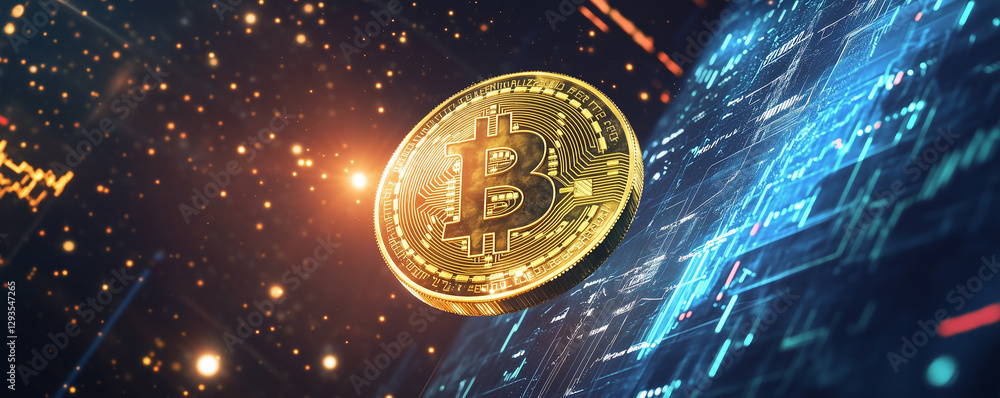 Aufkleber colossal bitcoin coin floating amid stars and cosmic elements in vast outer space atmosphere with sh