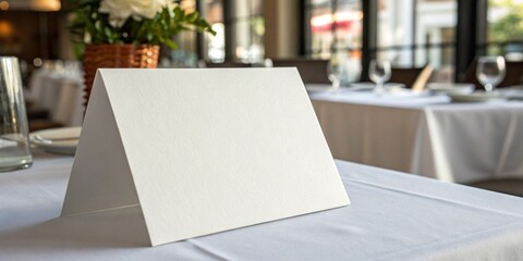 A white card is sitting on a table in a restaurant. The card is folded in half and has a blank space on it. The table is set with a vase, wine glasses, and a bowl