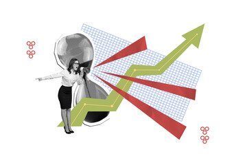 Exclusive sketch collage of angry businesswoman scream megaphone hourglass limit deadline tension arrow development success