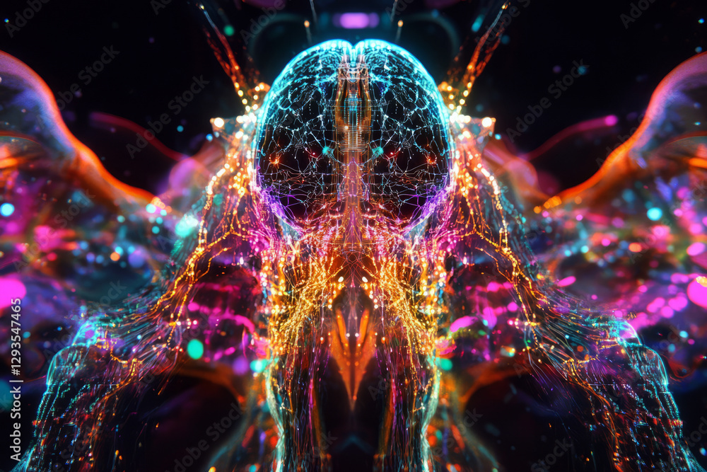 Poster futuristic abstract representation of artificial intelligence, featuring a glowing humanoid head com