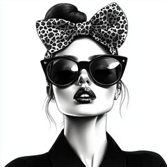 Stylish black and white illustration of fashionable woman wearing leopard print headband and big leopard print sunglasses