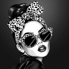 Stylish Black-and-White Fashion Illustration of a Glamorous Woman