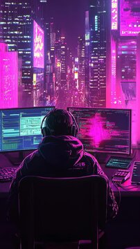 Person engaged in coding with multiple screens in a neon-lit cityscape at night