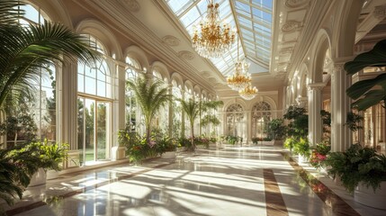 Sunlit Greenhouse Interior: Marble Floor, Glass Roof, Lush Greenery