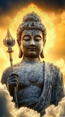 Fototapeta premium Serene Buddha Statue in Heavenly Clouds with Golden Halo