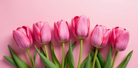 Fototapeta premium Pink tulips in full bloom on soft pink background, flowers, pastel