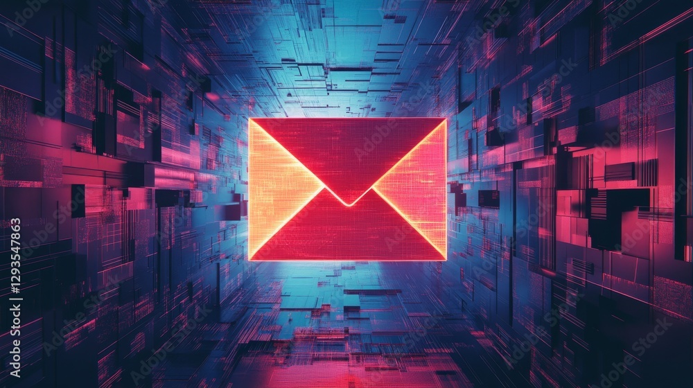 Poster neon red envelope icon in futuristic digital space with blue and purple hues, representing email com