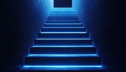 Fototapeta premium Blue neon stairs, dark hallway, ascent