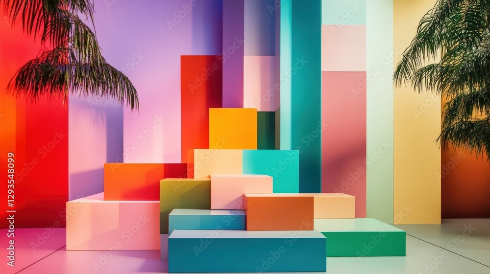 Poster colorful building with palm tree against a bright sky creating a tropical vibe and inviting atmosphe