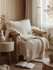 Cozy arm chair in natural light with a book