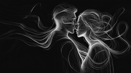 black and white minimalist line drawing of an intertwined romantic couple man and woman intricate flowing white energy lines and fluid organic forms black background love connection
