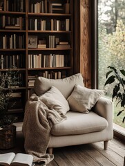 A cozy chair with pillows in front of a bookcase