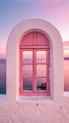 Obraz premium A pink window with a view of the ocean. The window is open and the ocean is visible